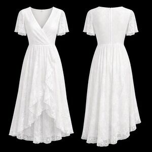 Ever Pretty White Lace Maxi Dress Sz L Asymmetrical Ruffled Beach Wedding Party